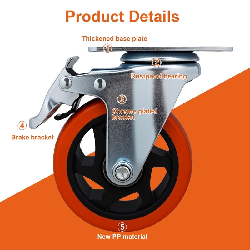 Htudcoue 6 Pcs 4 Inch Heavy Duty Casters,with Brake and Swivel Locking,6 casters Load Capacity 3300 lbs, for Furniture, Workbenches, Carts, Etc. - Image 3